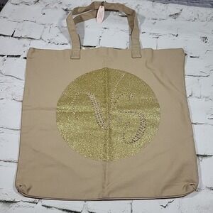 Victoria's Secret Canvas Tote Bag Beige Gold Glitter Bling Studded NEW With Tags